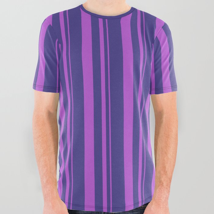 Orchid and Dark Slate Blue Colored Lines Pattern All Over Graphic Tee