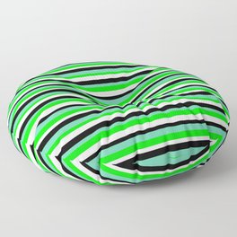 [ Thumbnail: Aquamarine, Lime, White, and Black Colored Lined/Striped Pattern Floor Pillow ]