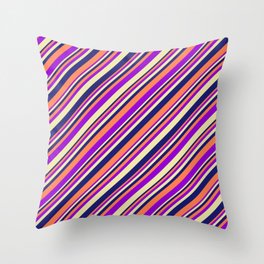 [ Thumbnail: Coral, Dark Violet, Pale Goldenrod, and Midnight Blue Colored Lined/Striped Pattern Throw Pillow ]