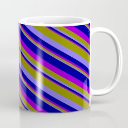 [ Thumbnail: Green, Medium Slate Blue, Dark Blue, and Dark Violet Colored Pattern of Stripes Coffee Mug ]