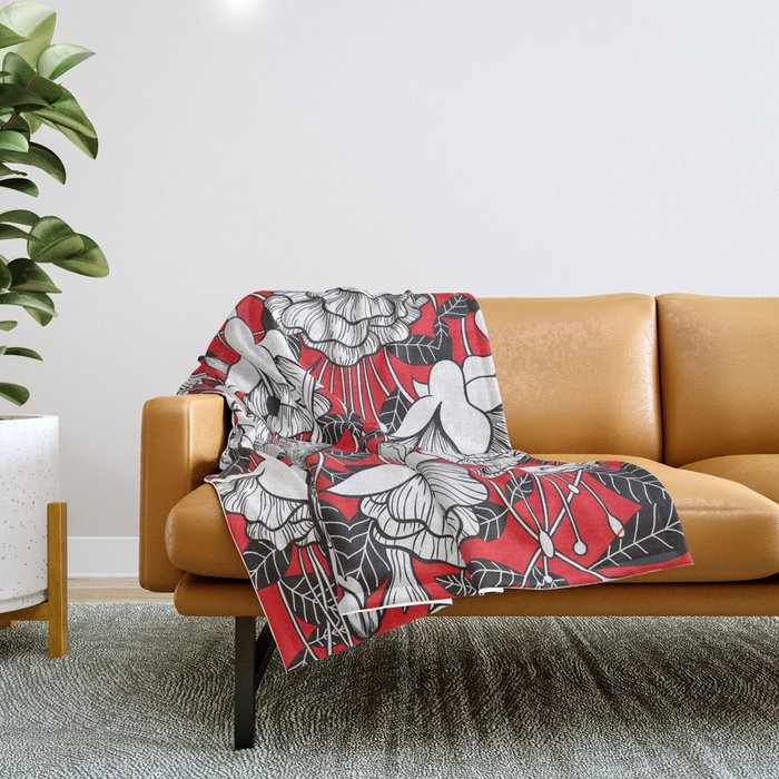 Hummingbird and fuchsia, red background Throw Blanket