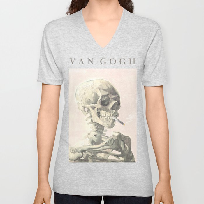 Vincent Van Gogh - Skull of a skeleton with burning cigarette (version with text & rosy background) V Neck T Shirt