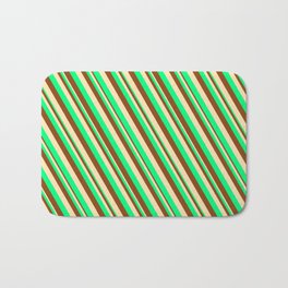 [ Thumbnail: Green, Brown & Beige Colored Lined/Striped Pattern Bath Mat ]