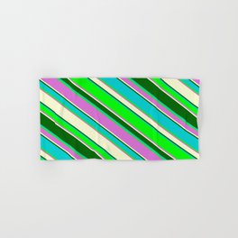 [ Thumbnail: Vibrant Dark Turquoise, Lime, Orchid, Light Yellow, and Dark Green Colored Stripes Pattern Hand & Bath Towel ]
