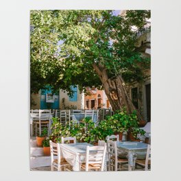 Greek Tavern under Big Tree | Idyllic Greece Scenery of Restaurant on the Island | Travel Photography in the Mediterranean island of Naxos Poster