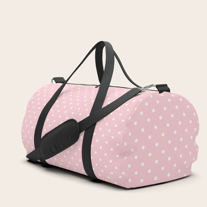 Mini White Polka dots on Pale Millennial Pink Pastel Duffle Bag by