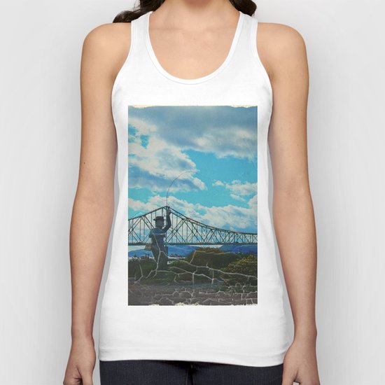 Aged Angler and Fish at the Campelton Bridge Unisex Tank Top