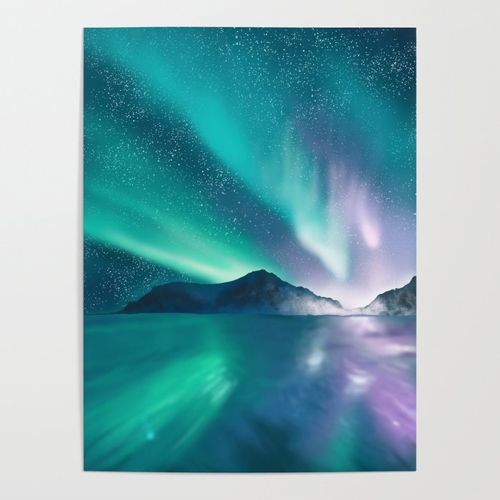 Aurora boralis - polar lights - illustration of admiration of the wonderful landscape with mountains, sky and sea. Poster