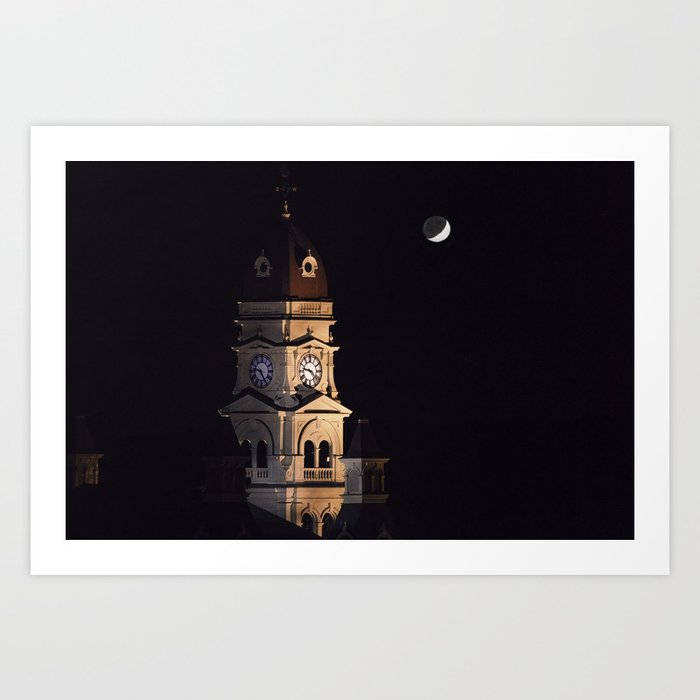 Crescent moon and earth shine at city hall clock tower Art Print