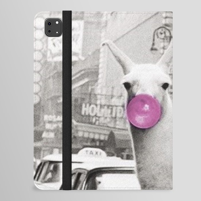 Perfect Pink Bubble Gum Llama taking a New York Taxi black and white photograph iPad Folio Case