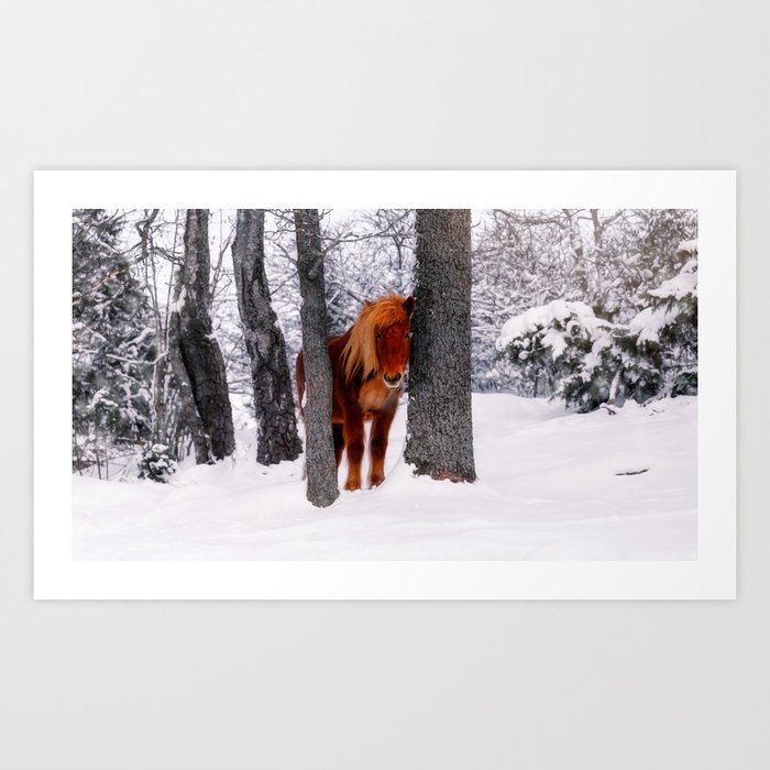 Chestnut Horse Between Trees in Snowy Winter Landscape Art Print