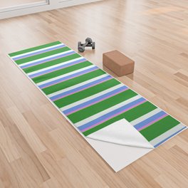 [ Thumbnail: Eyecatching Green, Violet, Cornflower Blue, Mint Cream & Forest Green Colored Pattern of Stripes Yoga Towel ]