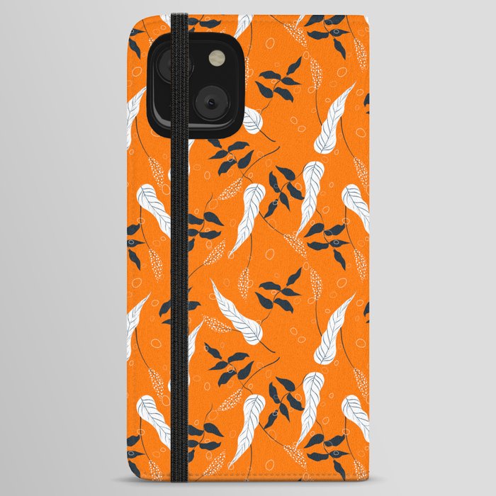 Leaf Pattern On Orange Background iPhone Wallet Case