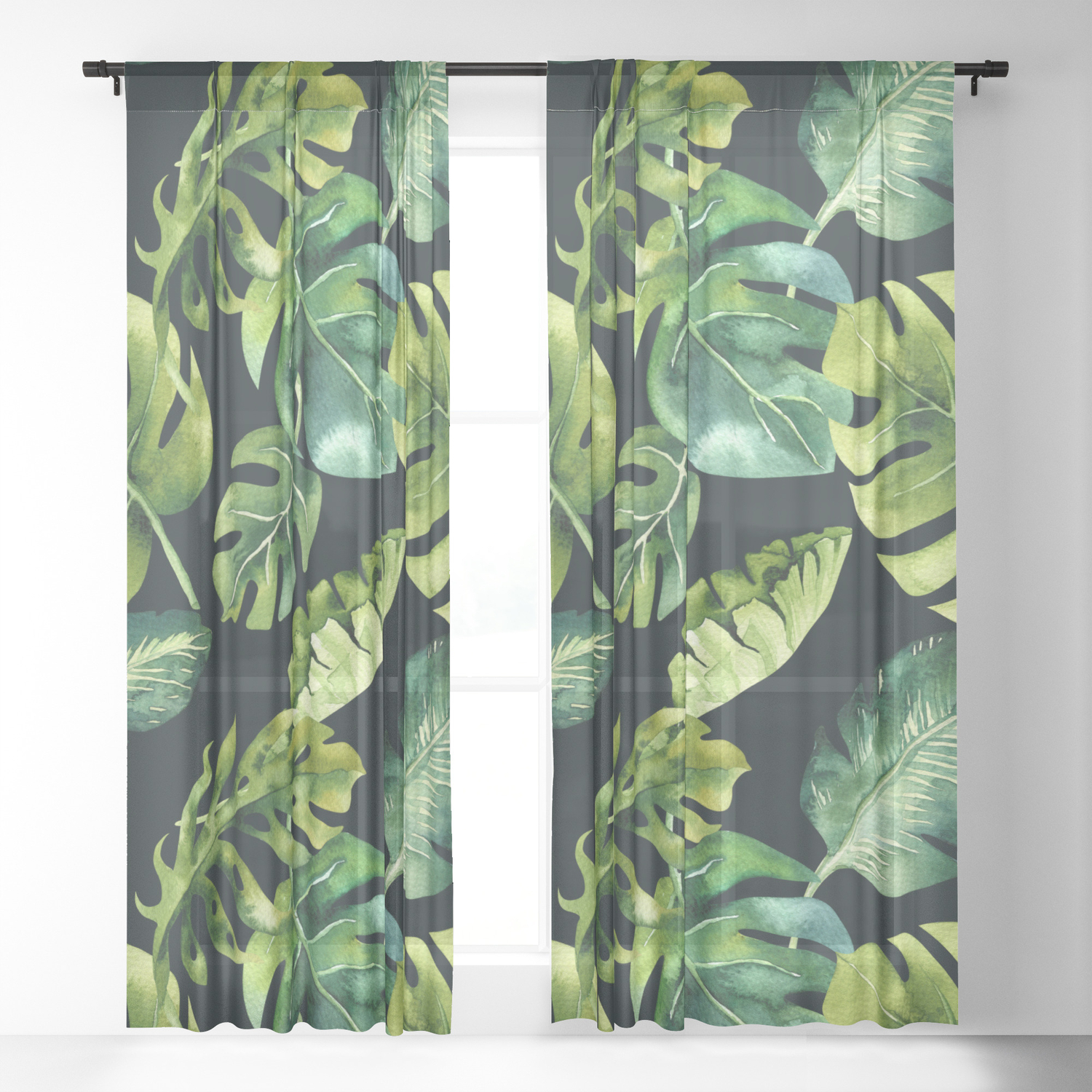Watercolor Botanical Green Monstera Lush Tropical Palm Leaves Pattern On Solid Black Sheer Curtain By Pipafineart Society6