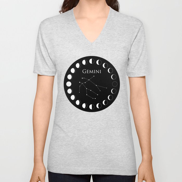 Gemini Zodiac, Black and White V Neck T Shirt