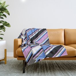 [ Thumbnail: Eye-catching Cornflower Blue, Black, Plum, Dim Grey, and White Colored Lined Pattern Throw Blanket ]