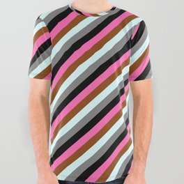 [ Thumbnail: Eye-catching Hot Pink, Brown, Light Cyan, Gray & Black Colored Stripes Pattern All Over Graphic Tee ]