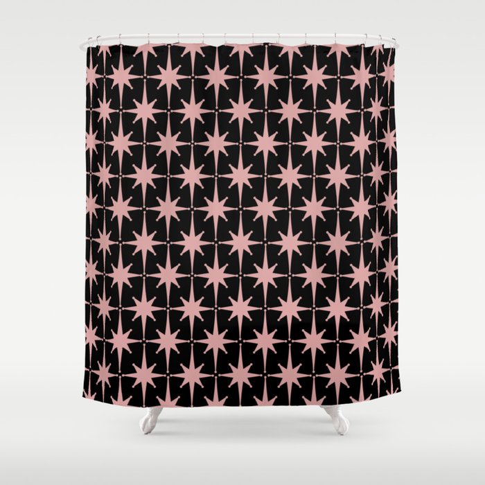 Atomic Age Retro 50s Starburst Pattern in Dusty Blush Pink and Black Shower Curtain