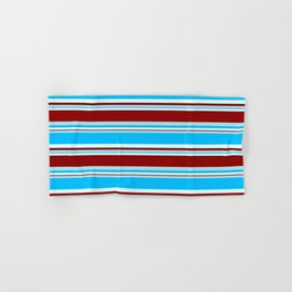 [ Thumbnail: Powder Blue, Deep Sky Blue, Light Cyan & Dark Red Colored Stripes Pattern Hand & Bath Towel ]