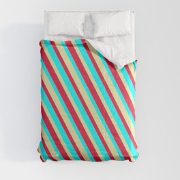 [ Thumbnail: Cyan, Pale Goldenrod & Crimson Colored Lines/Stripes Pattern Comforter ]
