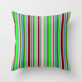 [ Thumbnail: Colorful Dark Grey, Blue, Pink, Maroon, and Lime Colored Lined/Striped Pattern Throw Pillow ]