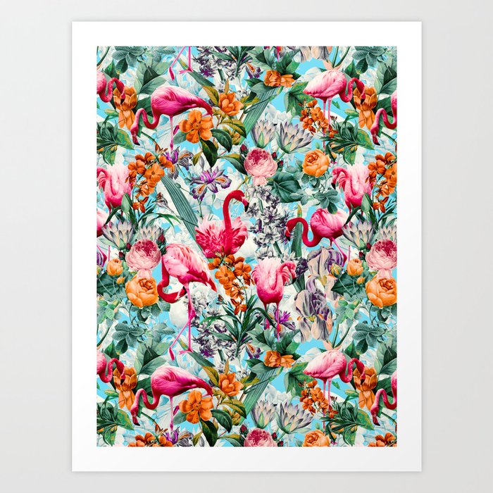 Floral and Flamingo VII pattern Art Print
