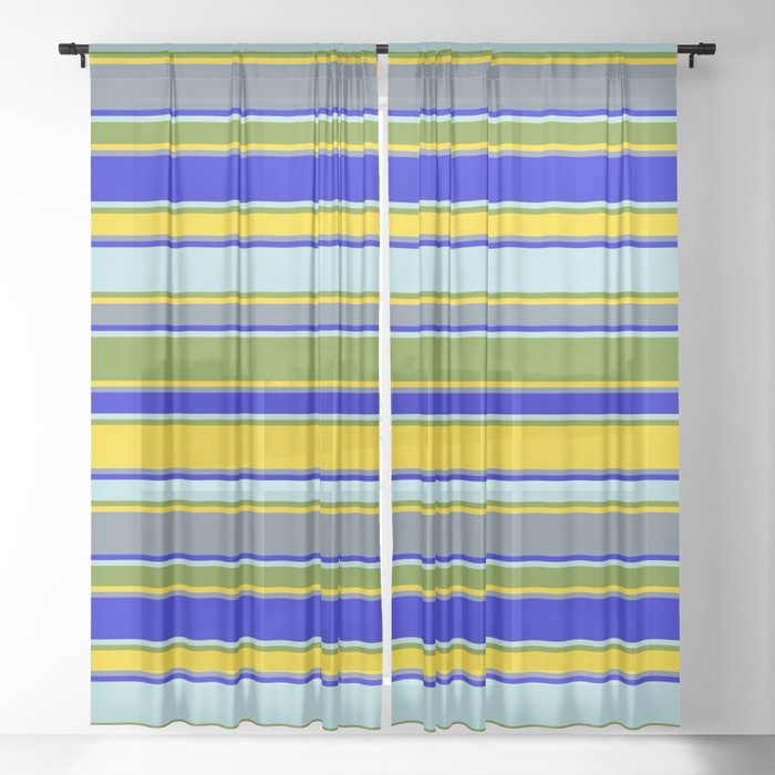 Colorful Powder Blue, Green, Yellow, Slate Gray & Blue Colored Striped Pattern Sheer Curtain