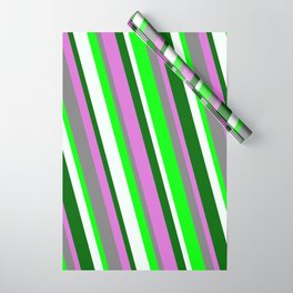 [ Thumbnail: Colorful Orchid, Gray, Lime, Mint Cream, and Dark Green Colored Stripes Pattern Wrapping Paper ]
