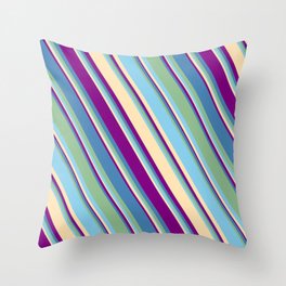 [ Thumbnail: Eyecatching Blue, Dark Sea Green, Sky Blue, Beige, and Purple Colored Lines Pattern Throw Pillow ]
