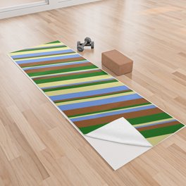 [ Thumbnail: Tan, Cornflower Blue, Brown, and Dark Green Colored Lines/Stripes Pattern Yoga Towel ]