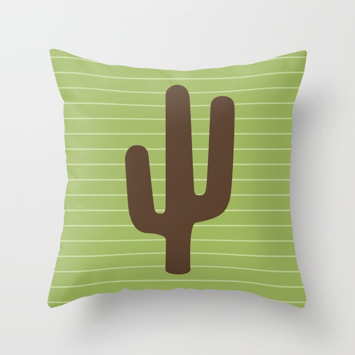Brown and Green Saguaro Cactus Silhouette with Horizontal Stripes Throw Pillow