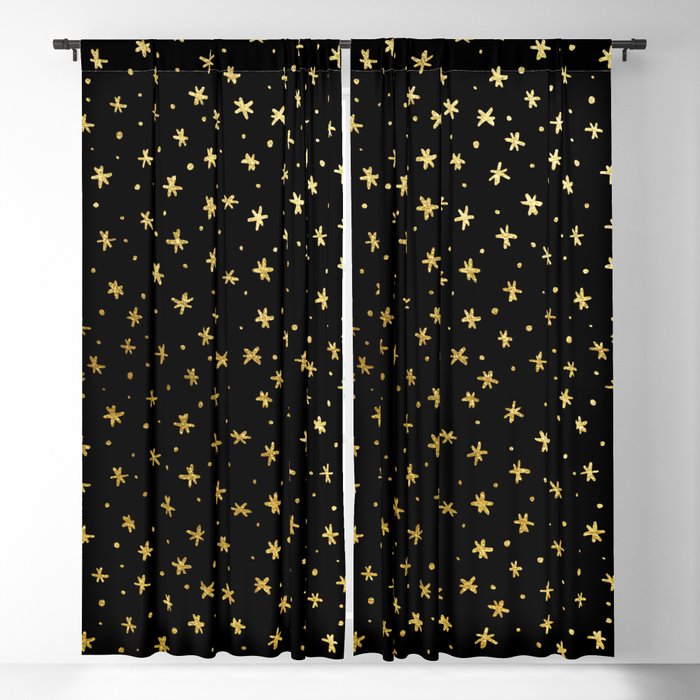 Snowflakes and dots - black and gold Blackout Curtain