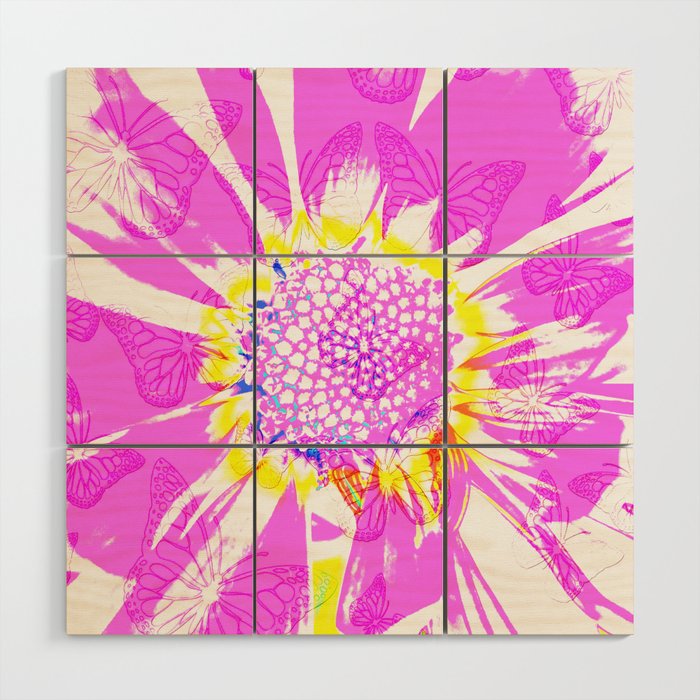 Butterfly Daisy Pink And Yellow Wood Wall Art