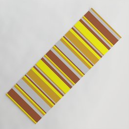 [ Thumbnail: Goldenrod, Light Gray, Sienna, and Yellow Colored Stripes Pattern Yoga Mat ]