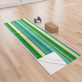[ Thumbnail: Aquamarine, Teal, Pale Goldenrod, and Green Colored Striped Pattern Yoga Towel ]