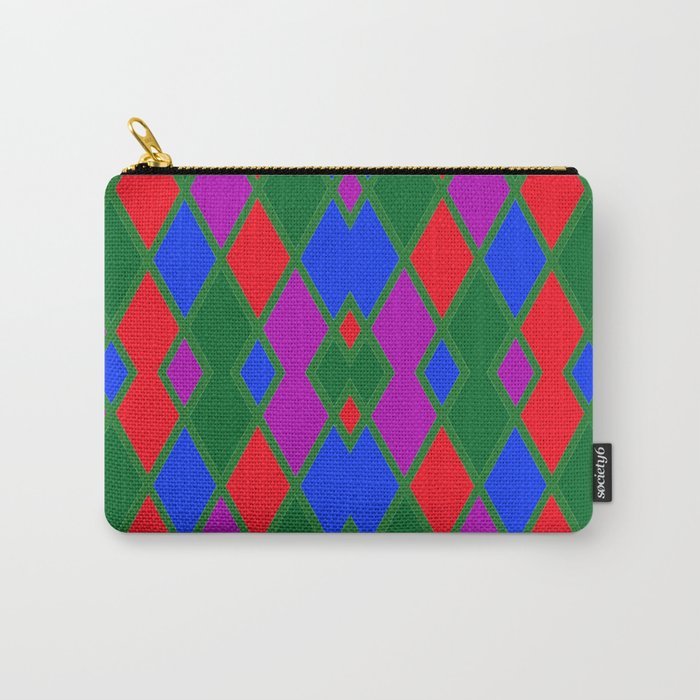 Argyle Pattern Using Red Green Blue and Purple Diamonds Outlined in Green Lines Carry-All Pouch