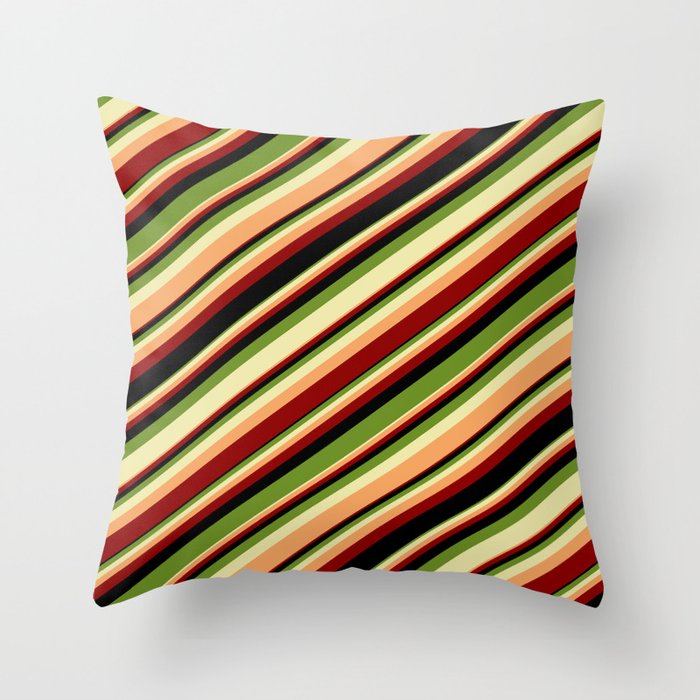 Colorful Green, Pale Goldenrod, Brown, Dark Red & Black Colored Stripes Pattern Throw Pillow