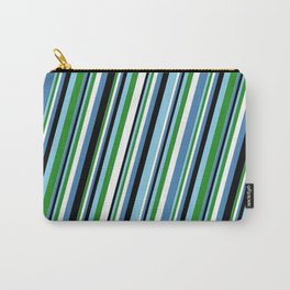 [ Thumbnail: Eye-catching Sky Blue, Forest Green, White, Blue & Black Colored Lined Pattern Carry-All Pouch ]