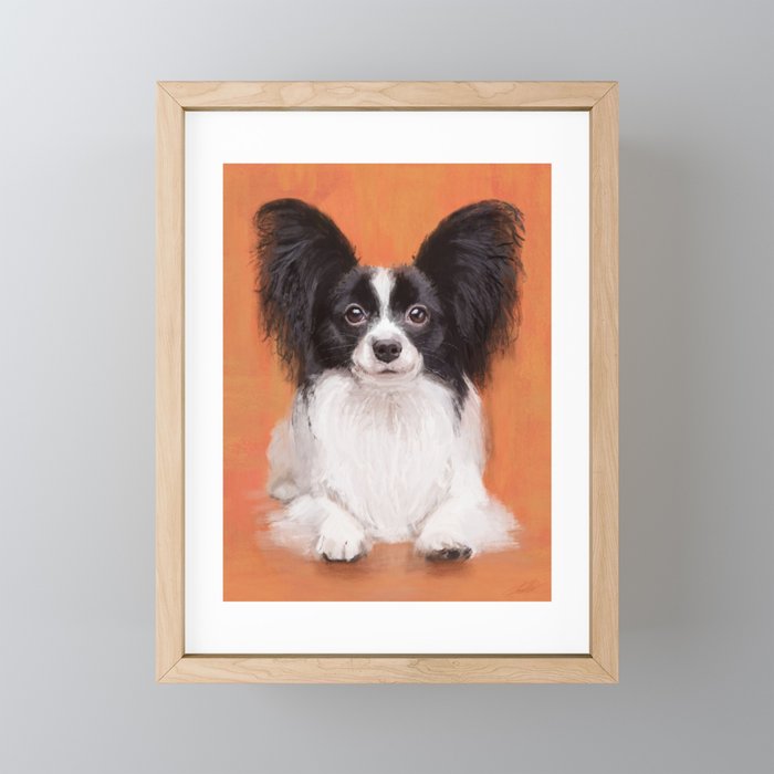 Black and White Papillon on Persimmon Dog Portrait Painting Framed Mini Art  Print by Lacee J. Shaw