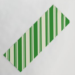 [ Thumbnail: Forest Green and Beige Colored Lined/Striped Pattern Yoga Mat ]