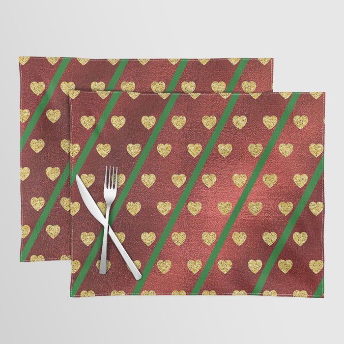 Gold Hearts on a Red Shiny Background with Green Diagonal Lines  Placemat