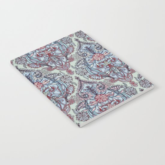 Botanical Moroccan Doodle Pattern in Navy Blue, Red & Grey Notebook
