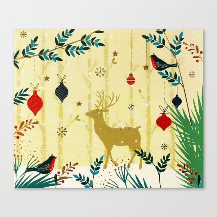 Gold Forest Winter Reindeer Birds Canvas Print