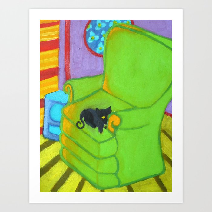 Black Cat On A Green Chair Painting Vibrant Art Art Print By