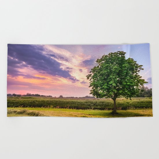 Green Tree and Sunset Sky Beach Towel