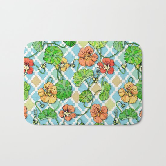 Climbing Nasturtiums on Blue and White Bath Mat