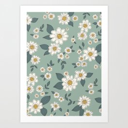 Floral pattern with cute daisies. Feminine retro design with spring flowers in a turquoise green palette. Art Print