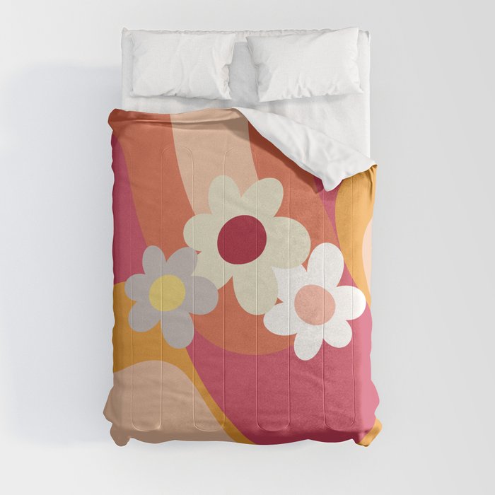 Retro style flowers and waves Comforter