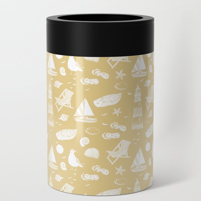 Beige And White Summer Beach Elements Pattern Can Cooler
