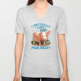 Cute Young Pig Farm Motive V Neck T Shirt